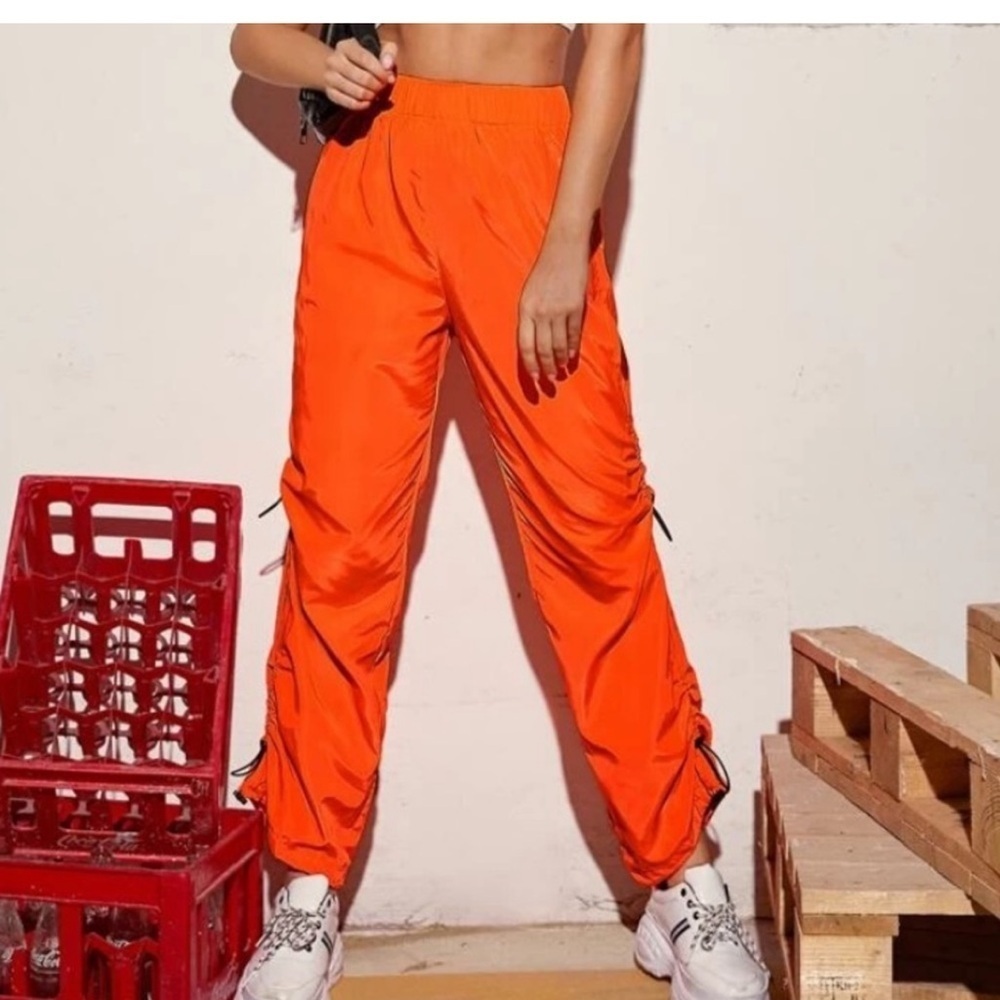SHEIN Neon Orange Drawstring Side Stacked Windbreaker Pants EUC XS